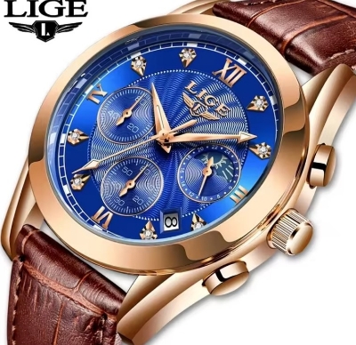 Picture of LIGE LG8912L PU Leather Analog Watch For Men – RoyalBlue RoseGold & Brown