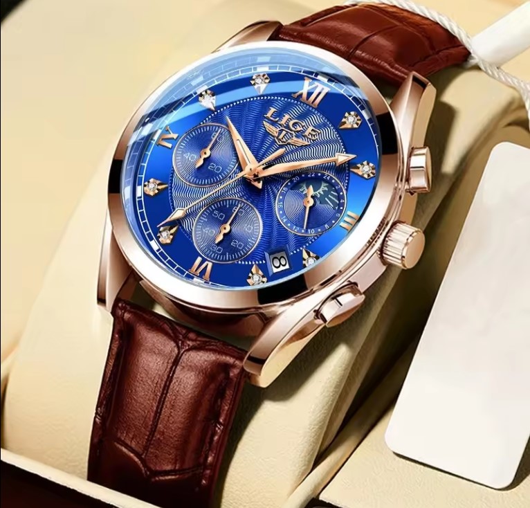 Picture of LIGE LG8912L PU Leather Analog Watch For Men – RoyalBlue RoseGold & Brown