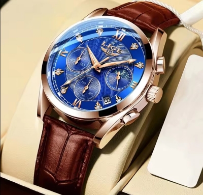 Picture of LIGE LG8912L PU Leather Analog Watch For Men – RoyalBlue RoseGold & Brown