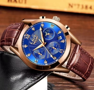 Picture of LIGE LG8912L PU Leather Analog Watch For Men – RoyalBlue RoseGold & Brown