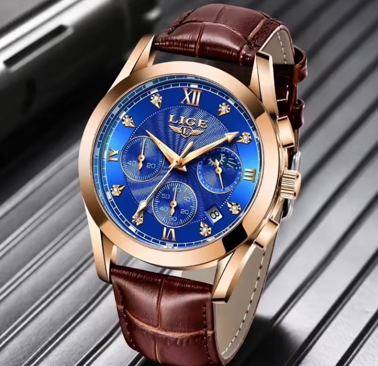 Picture of LIGE LG8912L PU Leather Analog Watch For Men – RoyalBlue RoseGold & Brown