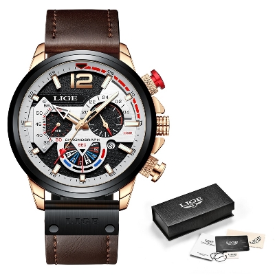 Picture of LIGE LG8959L PU Leather Analog Watch For Men - White RoseGold & Brown