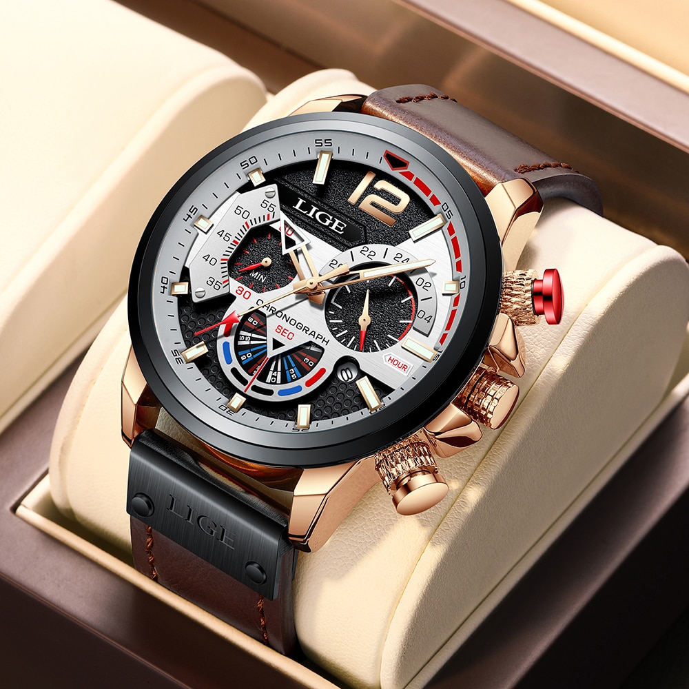 Picture of LIGE LG8959L PU Leather Analog Watch For Men - White RoseGold & Brown