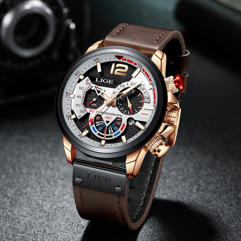 Picture of LIGE LG8959L PU Leather Analog Watch For Men - White RoseGold & Brown