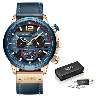 Picture of LIGE LG8959L PU Leather Analog Watch For Men - RoyalBlue & RoseGold
