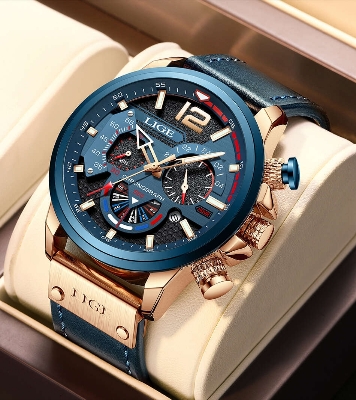 Picture of LIGE LG8959L PU Leather Analog Watch For Men - RoyalBlue & RoseGold