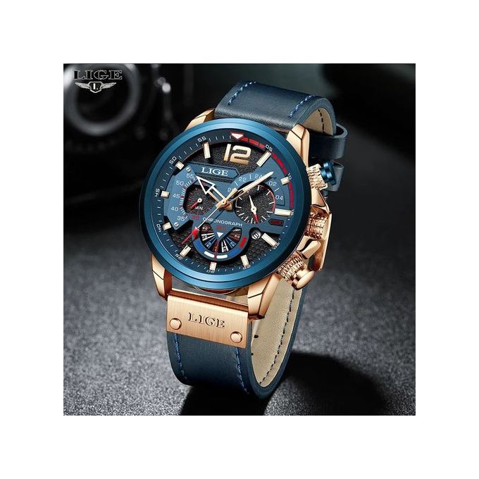 Picture of LIGE LG8959L PU Leather Analog Watch For Men - RoyalBlue & RoseGold