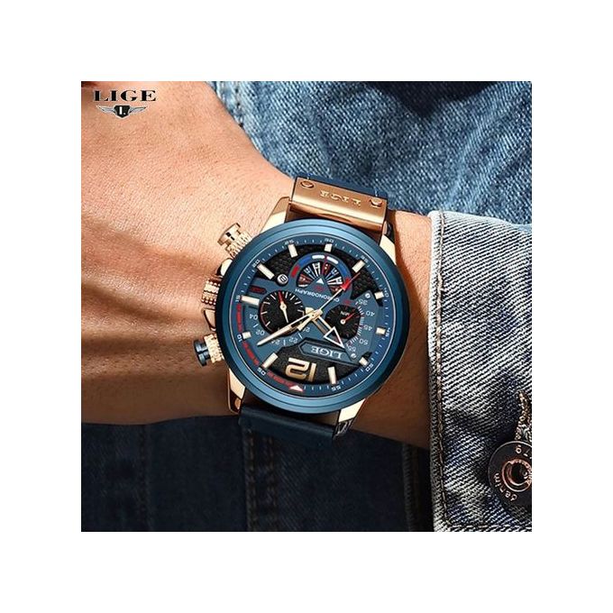 Picture of LIGE LG8959L PU Leather Analog Watch For Men - RoyalBlue & RoseGold