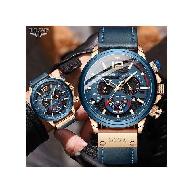 Picture of LIGE LG8959L PU Leather Analog Watch For Men - RoyalBlue & RoseGold