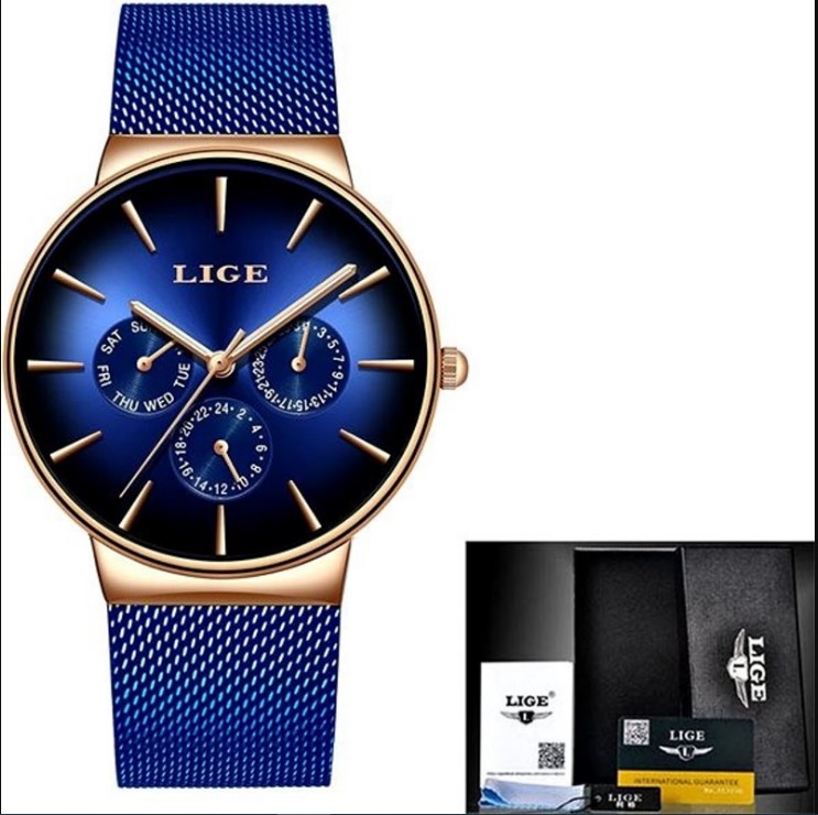 Picture of LIGE LG9936S Mesh Chain Stainless Steel Chronograph Watch For Men - RoyalBlue & RoseGold