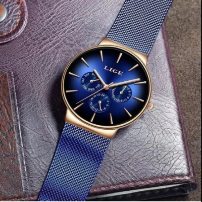 Picture of LIGE LG9936S Mesh Chain Stainless Steel Chronograph Watch For Men - RoyalBlue & RoseGold