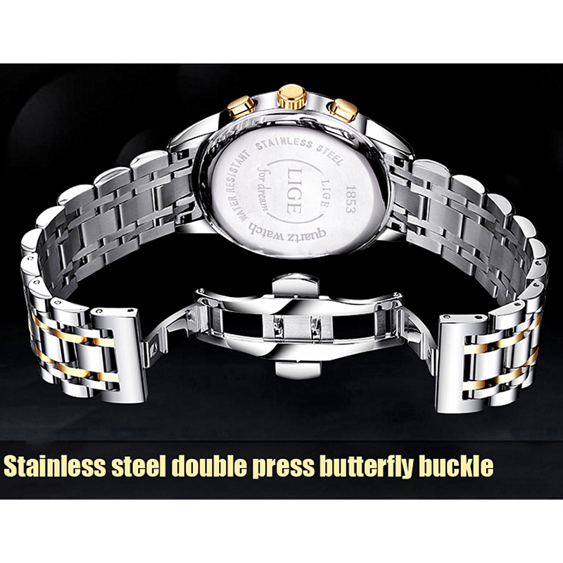 Picture of LIGE LG9810S Stainless Steel Chronograph Watch For Men - Black Silver & Golden