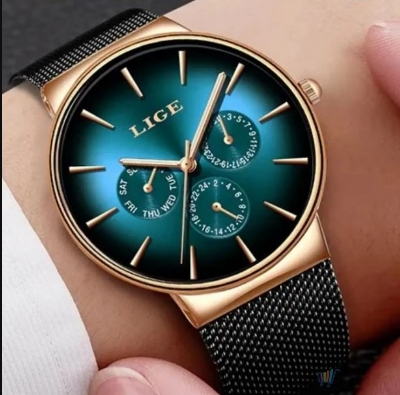 Picture of LIGE LG9936S Mesh Chain Stainless Steel Chronograph Watch For Men - Black RoseGold & Green