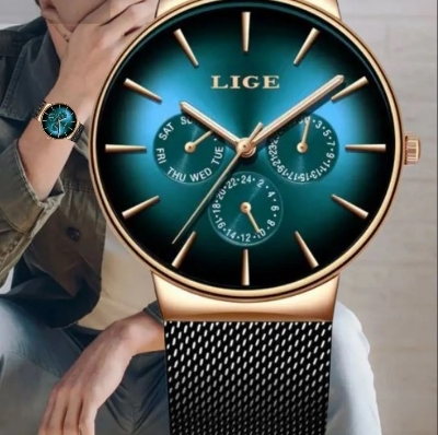 Picture of LIGE LG9936S Mesh Chain Stainless Steel Chronograph Watch For Men - Black RoseGold & Green
