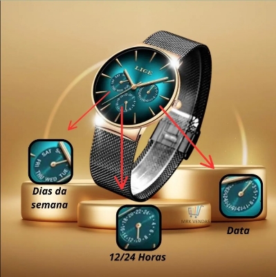 Picture of LIGE LG9936S Mesh Chain Stainless Steel Chronograph Watch For Men - Black RoseGold & Green