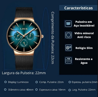 Picture of LIGE LG9936S Mesh Chain Stainless Steel Chronograph Watch For Men - Black RoseGold & Green