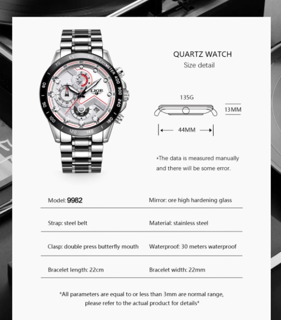 Picture of LIGE LG9982S Stainless Steel Chronograph Watch For Men - Silver & White