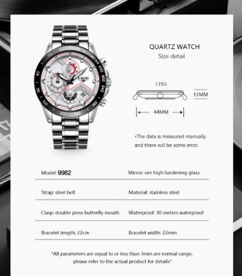 Picture of LIGE LG9982S Stainless Steel Chronograph Watch For Men - Silver & White