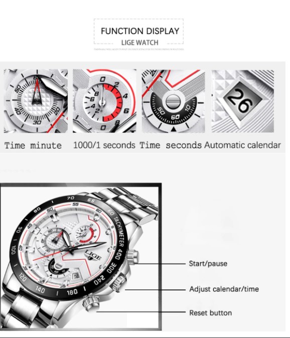 Picture of LIGE LG9982S Stainless Steel Chronograph Watch For Men - Silver & White