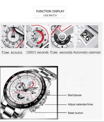 Picture of LIGE LG9982S Stainless Steel Chronograph Watch For Men - Silver & White