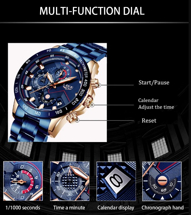 Picture of LIGE LG9982S Stainless Steel Chronograph Watch For Men - RoyalBlue & RoseGold