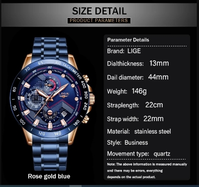 Picture of LIGE LG9982S Stainless Steel Chronograph Watch For Men - RoyalBlue & RoseGold