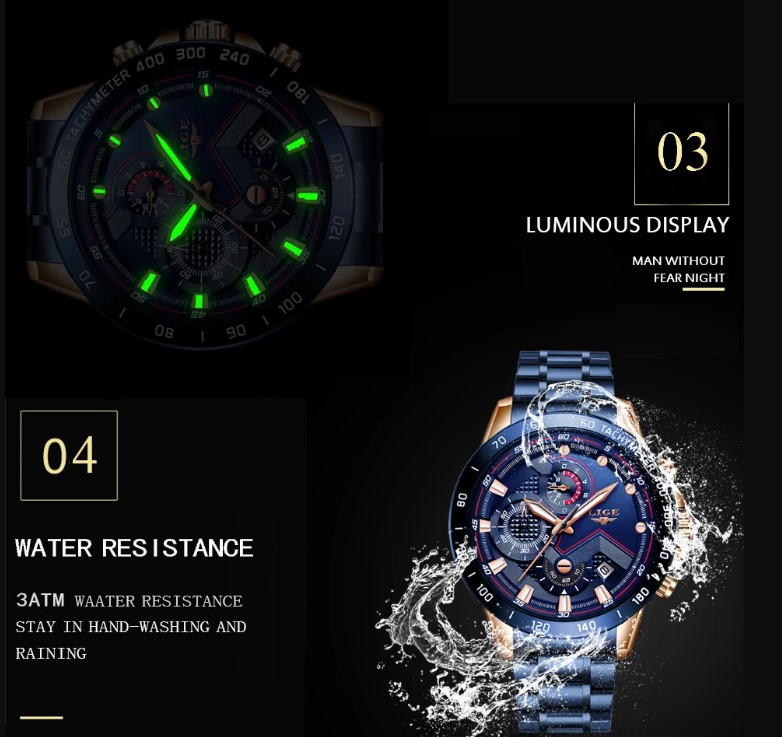 Picture of LIGE LG9982S Stainless Steel Chronograph Watch For Men - RoyalBlue & RoseGold