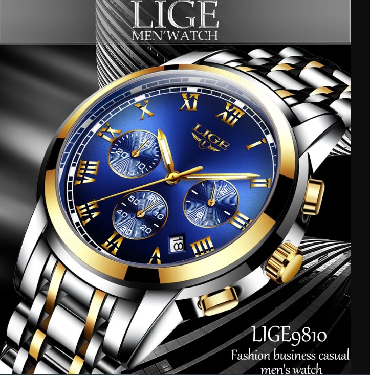 Picture of LIGE LG9810S Stainless Steel Chronograph Watch For Men - RoyalBlue Silver & Golden