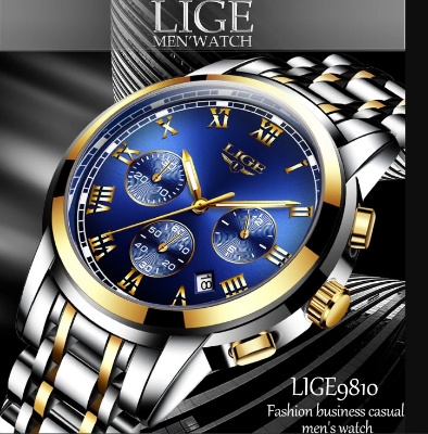 Picture of LIGE LG9810S Stainless Steel Chronograph Watch For Men - RoyalBlue Silver & Golden