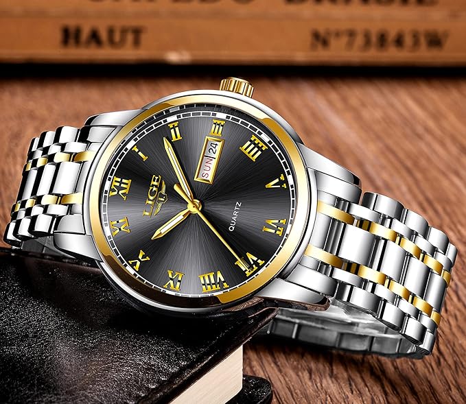 Picture of LIGE LG9846S Stainless Steel Analoge Quartz Watch for Men - Silver Golden & Black