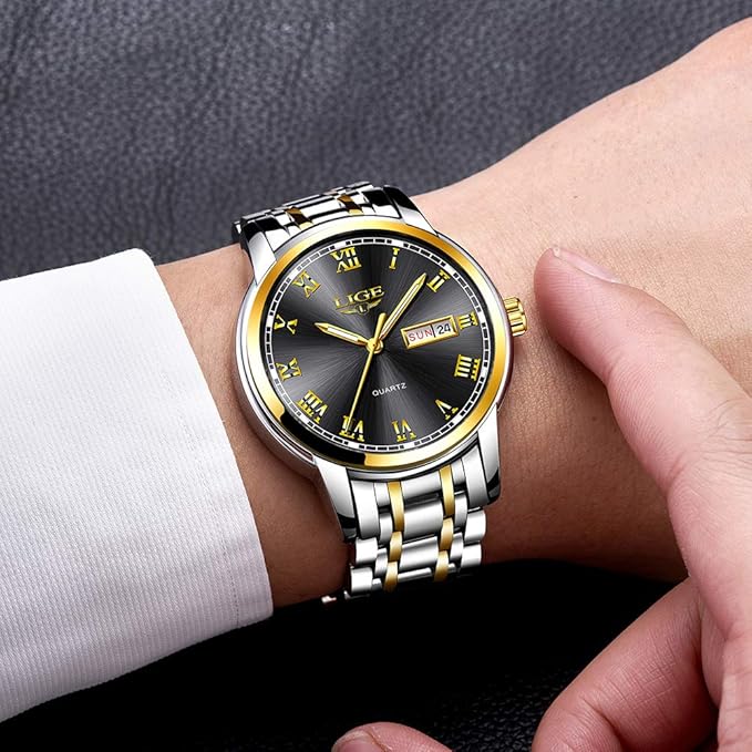 Picture of LIGE LG9846S Stainless Steel Analoge Quartz Watch for Men - Silver Golden & Black