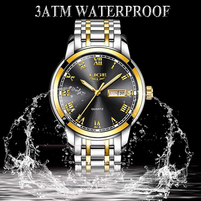 Picture of LIGE LG9846S Stainless Steel Analoge Quartz Watch for Men - Silver Golden & Black