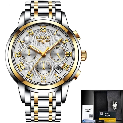 Picture of LIGE LG9849S Stainless Steel Chronograph Watch For Men - White Silver & Golden