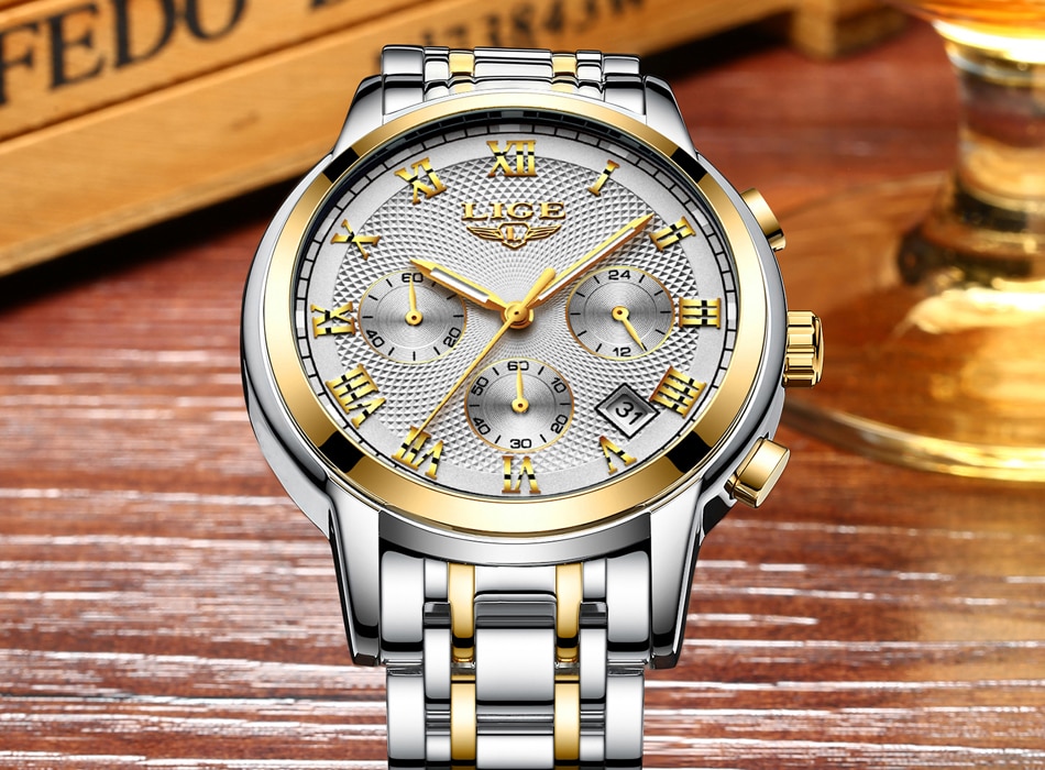 Picture of LIGE LG9849S Stainless Steel Chronograph Watch For Men - White Silver & Golden