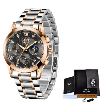 Picture of LIGE LG8912S Stainless Steel Chronograph Watch For Men – Black Silver & RoseGold