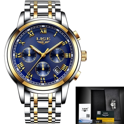Picture of LIGE LG9849S Stainless Steel Chronograph Watch For Men - Golden Silver & RoyalBlue