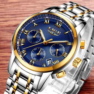 Picture of LIGE LG9849S Stainless Steel Chronograph Watch For Men - Golden Silver & RoyalBlue