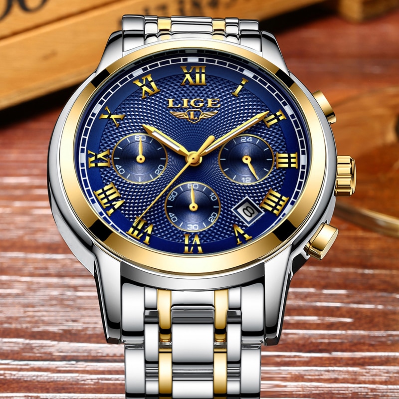 Picture of LIGE LG9849S Stainless Steel Chronograph Watch For Men - Golden Silver & RoyalBlue
