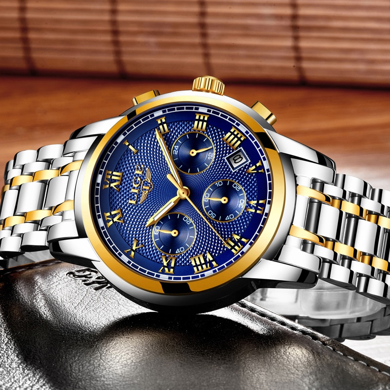 Picture of LIGE LG9849S Stainless Steel Chronograph Watch For Men - Golden Silver & RoyalBlue