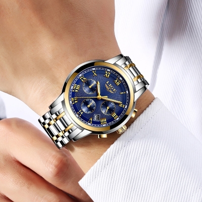 Picture of LIGE LG9849S Stainless Steel Chronograph Watch For Men - Golden Silver & RoyalBlue