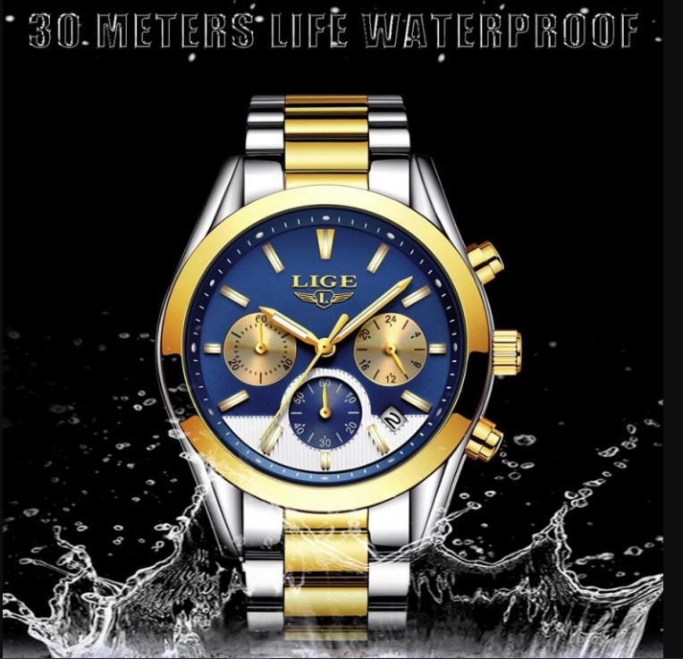 Picture of LIGE LG9872S Stainless Steel Chronograph Watch For Men – Silver Golden & RoyalBlue