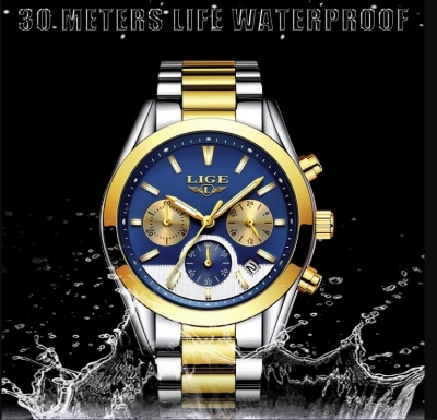 Picture of LIGE LG9872S Stainless Steel Chronograph Watch For Men – Silver Golden & RoyalBlue