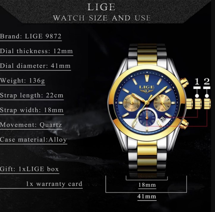 Picture of LIGE LG9872S Stainless Steel Chronograph Watch For Men – Silver Golden & RoyalBlue