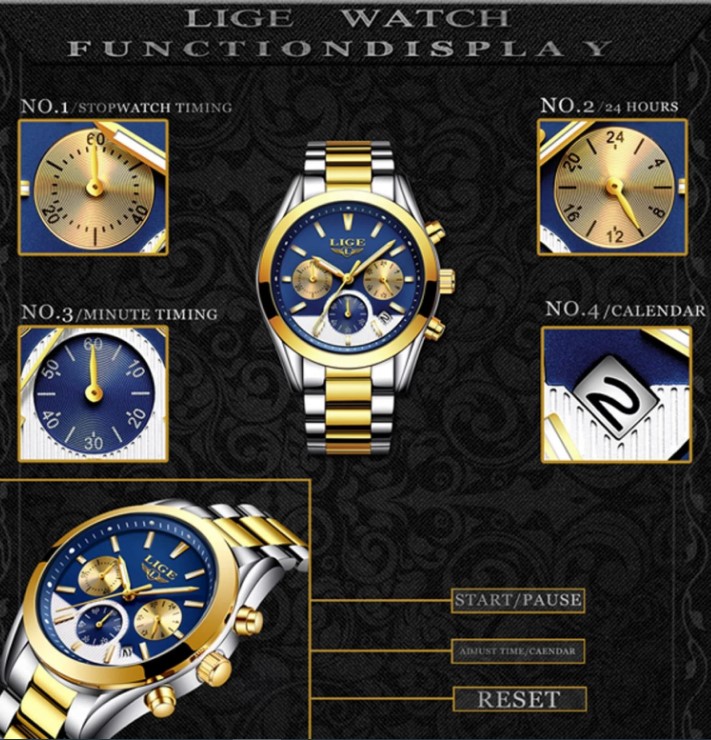 Picture of LIGE LG9872S Stainless Steel Chronograph Watch For Men – Silver Golden & RoyalBlue