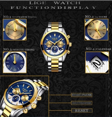 Picture of LIGE LG9872S Stainless Steel Chronograph Watch For Men – Silver Golden & RoyalBlue