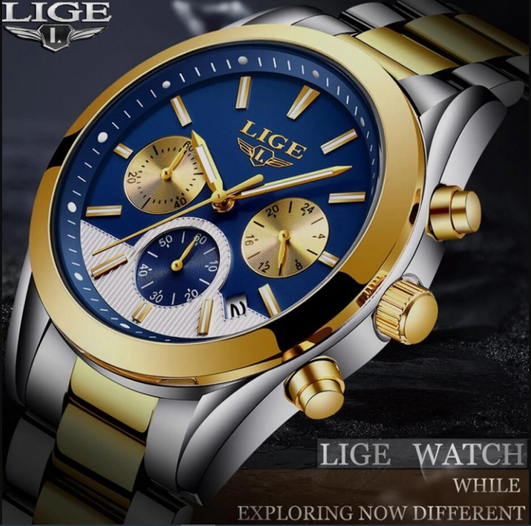 Picture of LIGE LG9872S Stainless Steel Chronograph Watch For Men – Silver Golden & RoyalBlue