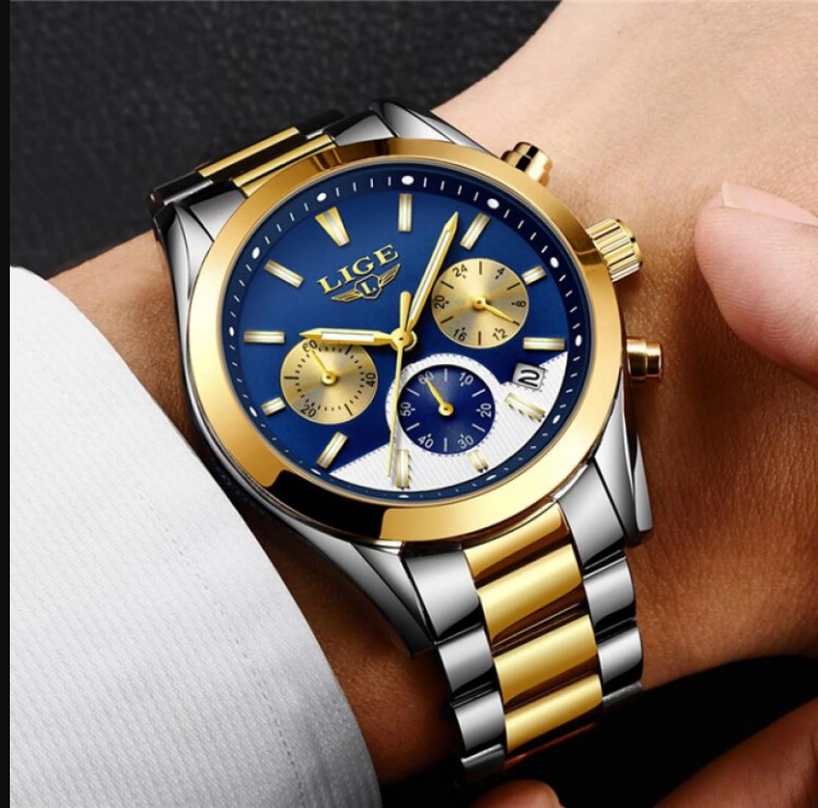 Picture of LIGE LG9872S Stainless Steel Chronograph Watch For Men – Silver Golden & RoyalBlue