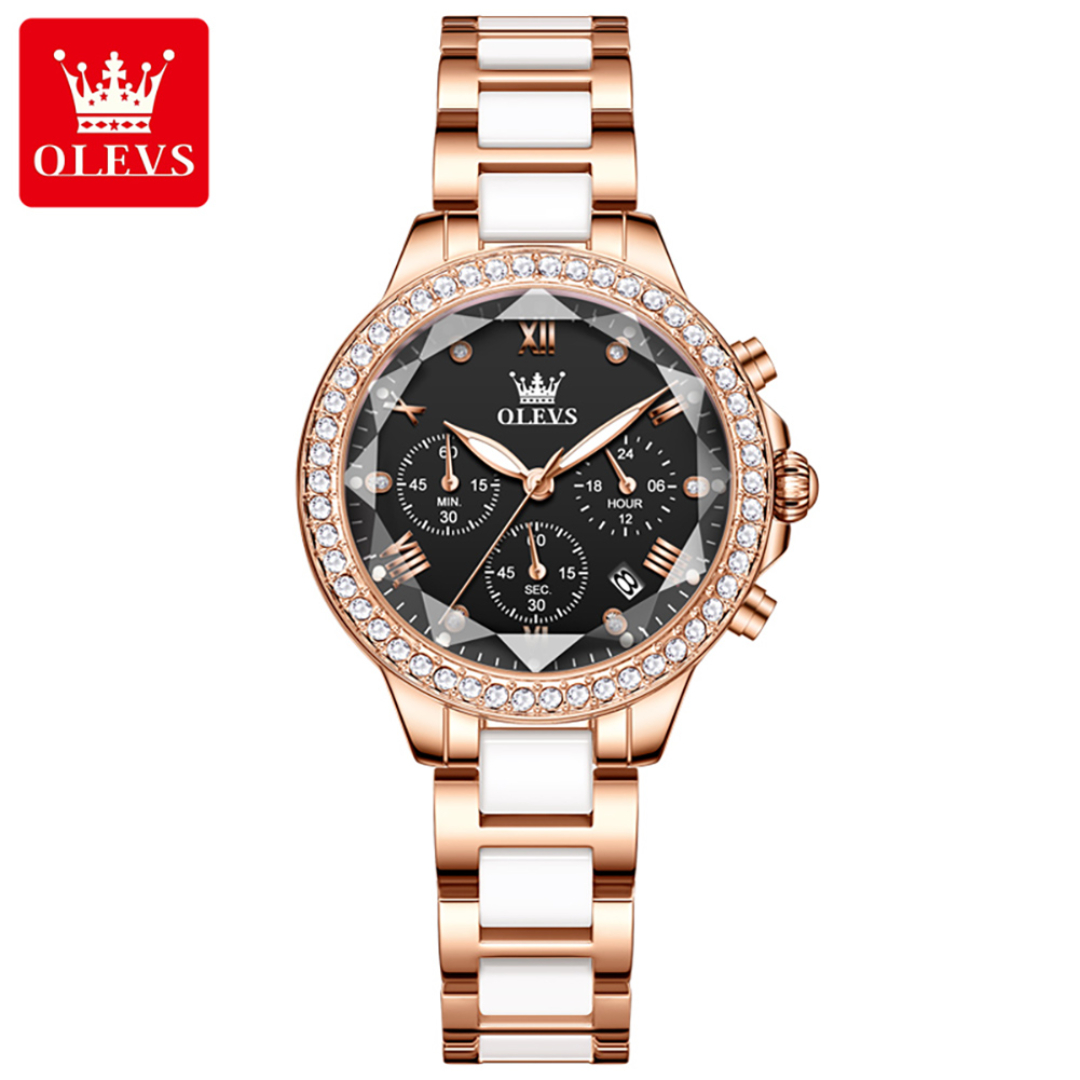 Picture of Olevs 9999F RoseGold & White Ceramic Chronograph Wrist Watch For Women