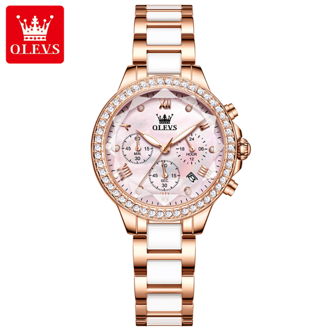 Picture of Olevs 9999F RoseGold & White Ceramic Chronograph Wrist Watch For Women