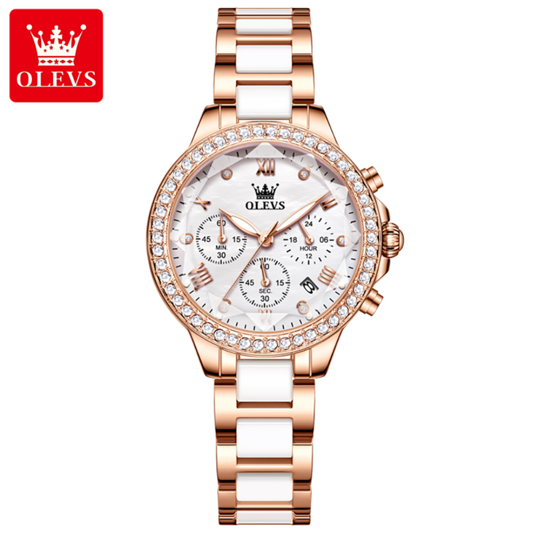 Picture of Olevs 9999F RoseGold & White Ceramic Chronograph Wrist Watch For Women